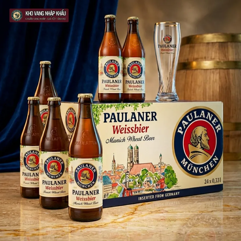 Bia Đức Paulaner Weissbier chính hãng mát lạnh trong ly pha lê chuyên dụng tại hầm bia