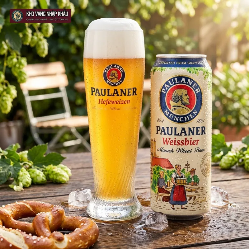 Bia Đức Paulaner Weissbier Lon 500ml chính hãng trưng bày sang trọng cho tiệc nướng BBQ
