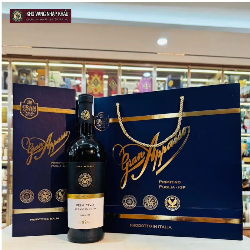 Vang Ý Gran Appasso Primitivo Appassimento chính hãng nồng độ 16% trưng bày uy nghiêm