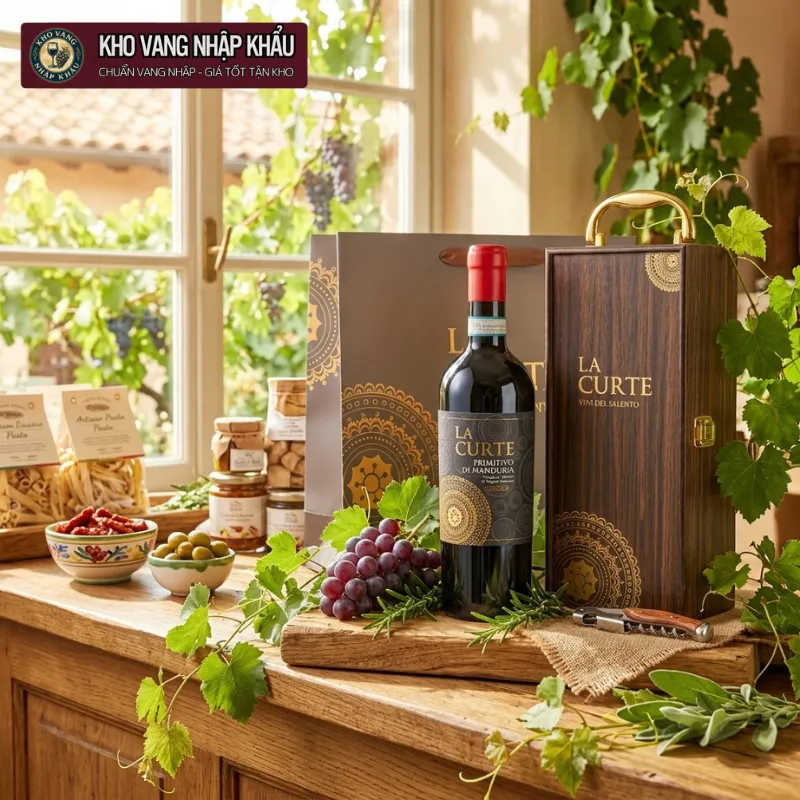 Vang Ý La Curte Limited Primitivo di Manduria 19% chính ngạch ghi nhận bối cảnh sử dụng sang trọng