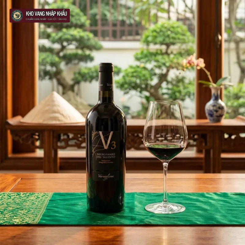 Vang Ý V3 Negroamaro Salento chính hãng trong không gian hầm rượu chuyên nghiệp sang trọng
